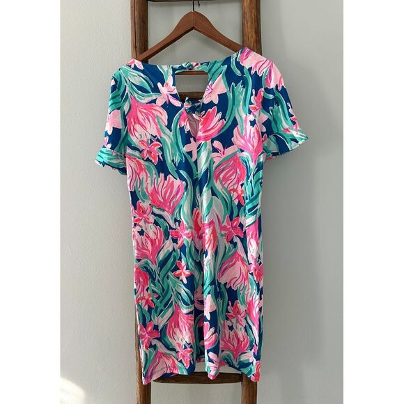 Lilly Pulitzer Floral Knit Dress Tie-Neck Short Sleeve Casual Comfy M - Picture 2 of 7
